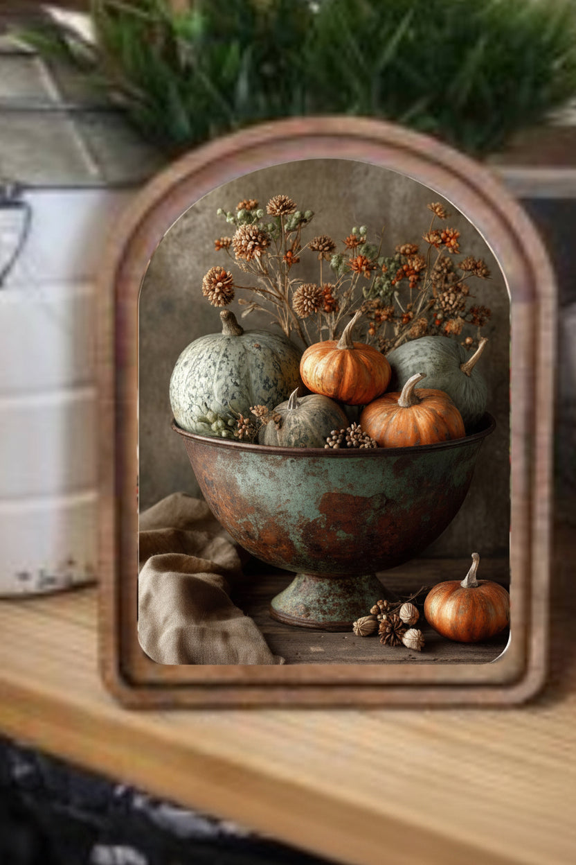Arch Top Pumpkins In Bowl Framed Art